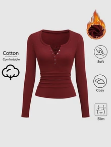 Sweetra Women's Solid Color Fleece Lace Patchwork Long Sleeve T-Shirt - Burgundy - View 1