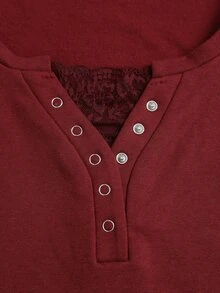 Sweetra Women's Solid Color Fleece Lace Patchwork Long Sleeve T-Shirt - Burgundy - View 4