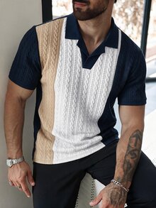 Manfinity Homme Áo polo nam tay ngắn họa tiết vân, phối màu tương phản, phong cách thường ngày đi làm - Màu xanh hải quân - Xem 1