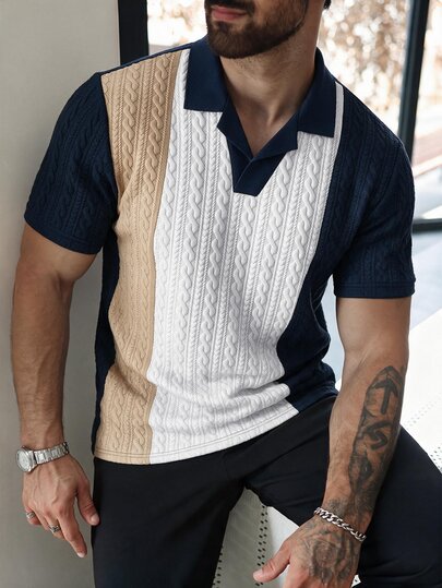 Manfinity Homme Men's Textured Contrast Color Short Sleeve Casual Commute Polo Shirt