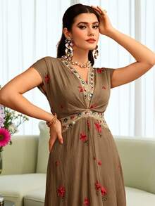Al Najma Embroidered V-Neck Cinched Waist Short Sleeve Flared Elegant Dress For Women - Brown - View 5
