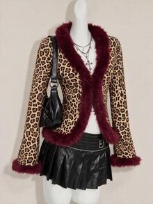 SHEIN ICON Women's Plush Patchwork Leopard Print Casual Versatile Long Sleeve Top - Brown - View 5