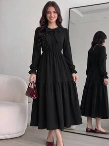 SHEIN Teen Girl Black Sweet Style Long Sleeve Dress With Bow And Pearl Decor, Autumn Dresses, Ruffle Sleeves Party Cute Elegant Cute - Black - View 1