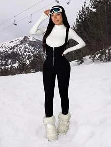 SHEIN ICON Women's Solid Color Casual Daily Wear Knit Jumpsuit - Black - View 3