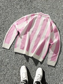 NEOSTRIT Men's Letter Stripe Long Sleeve Casual Loose Fit Sweater - Pink - View 2