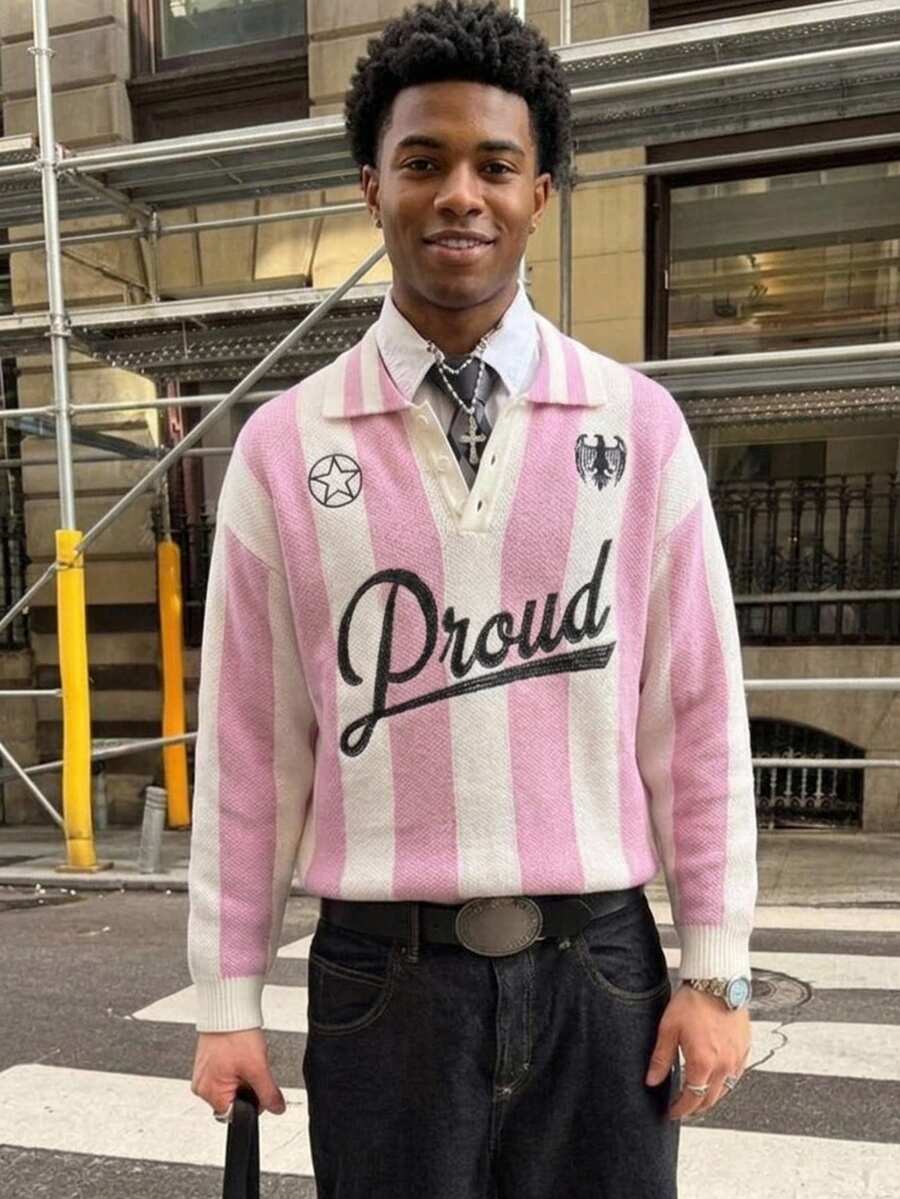 NEOSTRIT Men's Letter Stripe Long Sleeve Casual Loose Fit Sweater - Pink - View 1