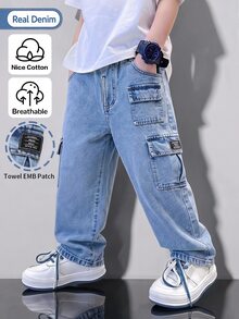 SHEIN Boys' Cargo Denim Long Pants, Fall Versatile Style, Street Matching Cowboy Retro Outfit, Baby Blue Washed Color, Side Multi-Pocket Cargo Design - Medium Wash - View 2