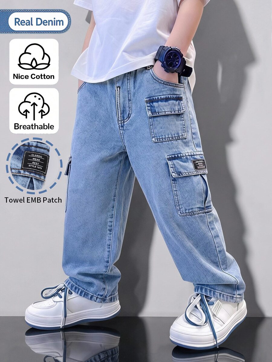 SHEIN Boys' Cargo Denim Long Pants, Fall Versatile Style, Street Matching Cowboy Retro Outfit, Baby Blue Washed Color, Side Multi-Pocket Cargo Design