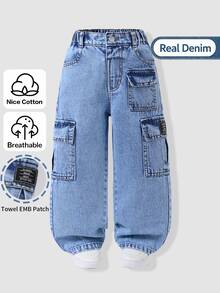SHEIN Boys' Cargo Denim Long Pants, Fall Versatile Style, Street Matching Cowboy Retro Outfit, Baby Blue Washed Color, Side Multi-Pocket Cargo Design - Medium Wash - View 5