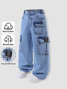 SHEIN Boys' Cargo Denim Long Pants, Fall Versatile Style, Street Matching Cowboy Retro Outfit, Baby Blue Washed Color, Side Multi-Pocket Cargo Design - Medium Wash - View 7