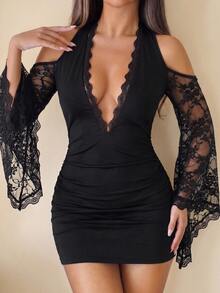 SHEIN ICON Women's Solid Color Deep V-Neck Lace Mesh Patchwork Shoulder Cutout Waist-Cinching Slimming Sexy Dress New Year Halloween Night Club Black Fall - Black - View 3