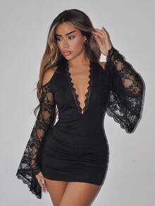 SHEIN ICON Women's Solid Color Deep V-Neck Lace Mesh Patchwork Shoulder Cutout Waist-Cinching Slimming Sexy Dress New Year Halloween Night Club Black Fall - Black - View 4