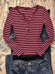 Tween Girls Kids Autumn/Winter Red & White Striped Long Sleeve Patchwork T-Shirt Casual Daily Holiday - Red and White - View 1