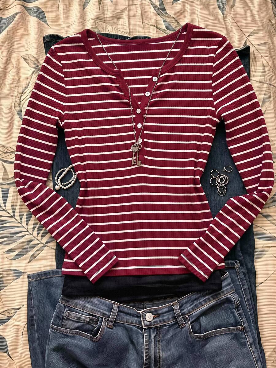 Tween Girls Kids Autumn/Winter Red & White Striped Long Sleeve Patchwork T-Shirt Casual Daily Holiday - Red and White - View 1