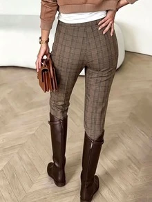 SHEIN LUNE Women's Slim Fit Plaid Pattern Casual Long Pants - Multicolor - View 2