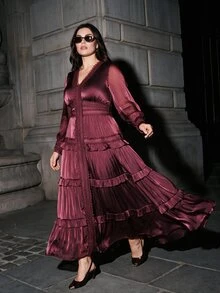 Anewsta Plus Size New Fashion Romantic Ruffle Trim Patchwork Lace V-Neck Puff Long Sleeve Vacation Holiday Outfit Dress For Women Autumn Winter - Purple - View 5