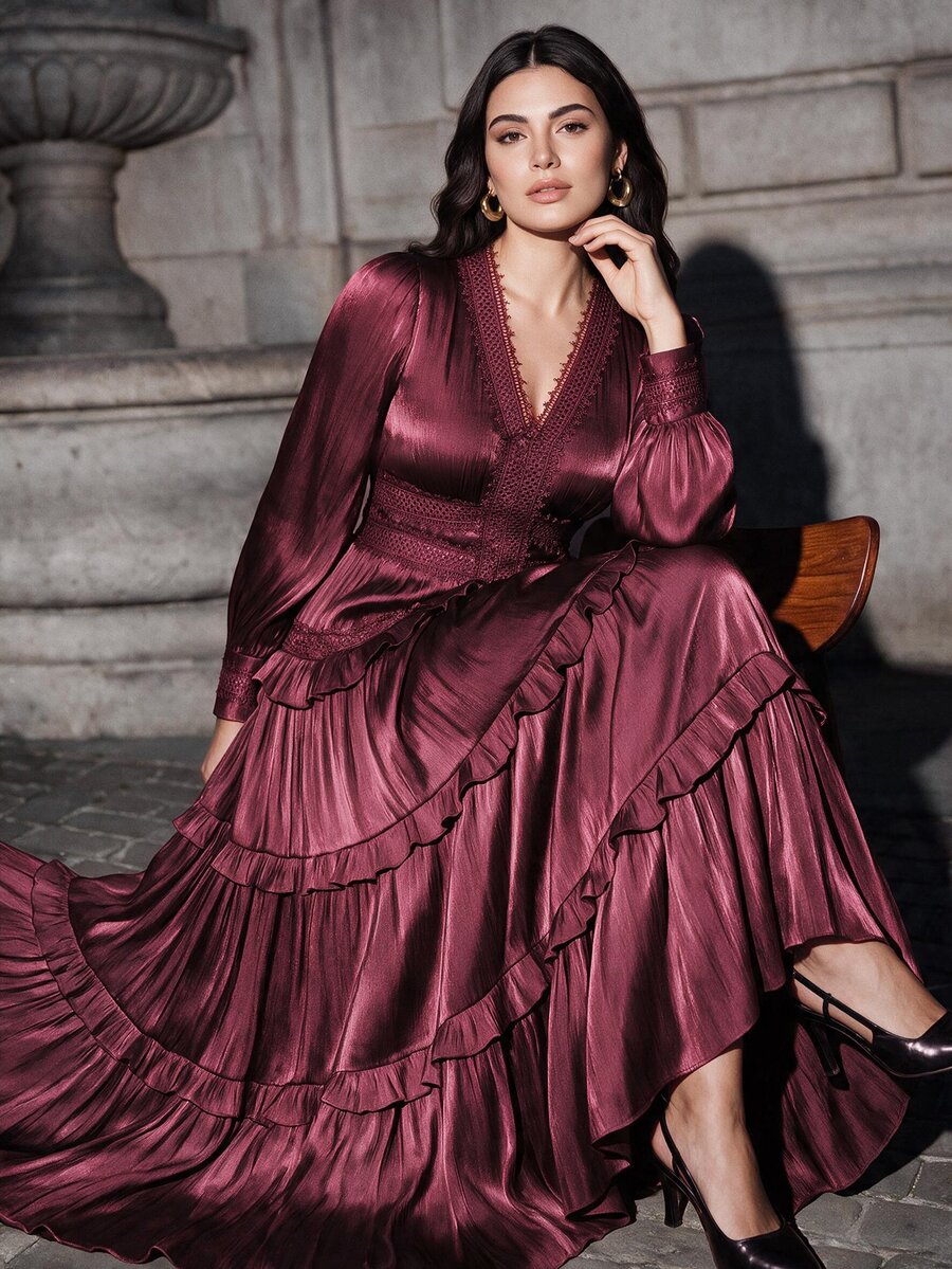 Anewsta Plus Size New Fashion Romantic Ruffle Trim Patchwork Lace V-Neck Puff Long Sleeve Vacation Holiday Outfit Dress For Women Autumn Winter - Purple - View 1