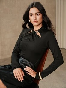 Anewsta 2026 Autumn/Winter Women's Elegant Top With Twisted Neckline, Metal Button Decor, Hollow Out Design, Fitted, Versatile All-Match For Daily Wear, Outings And Commuting - Black - View 4