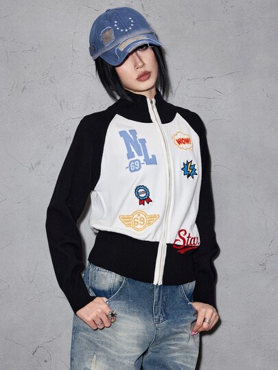 Street Life Damen Kontrastfarben Abzeichen Blitz Streetwear Strickjacke, Stehkragen, Old School, vielseitig