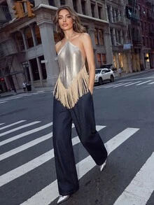 Anewsta Women's Solid Color Chic Tassel Hem Fashion Sexy Sparkly Halter Silver Top Party Night Out Club New Year Summer - Silver - View 4