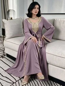 Mulvari Wine Red Long Sleeve Embroidered Collar Pleated Party Cocktail Dress - Purple - View 1