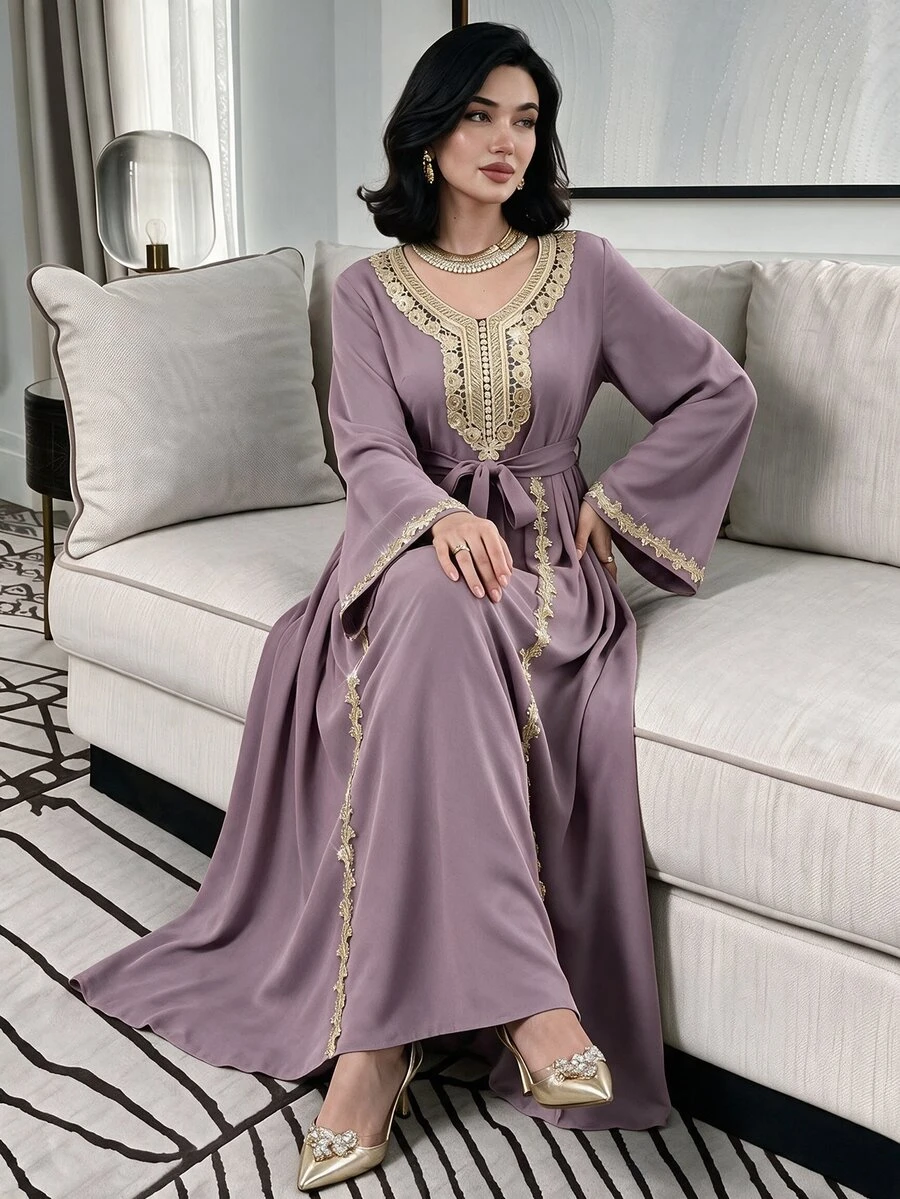 Mulvari Wine Red Long Sleeve Embroidered Collar Pleated Party Cocktail Dress - Purple - View 1