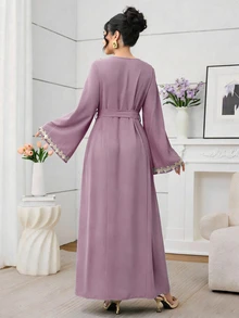 Mulvari Wine Red Long Sleeve Embroidered Collar Pleated Party Cocktail Dress - Purple - View 2