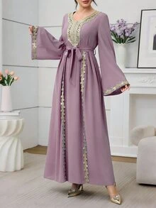 Mulvari Wine Red Long Sleeve Embroidered Collar Pleated Party Cocktail Dress - Purple - View 8