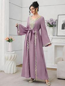 Mulvari Wine Red Long Sleeve Embroidered Collar Pleated Party Cocktail Dress - Purple - View 7