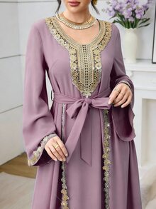 Mulvari Wine Red Long Sleeve Embroidered Collar Pleated Party Cocktail Dress - Purple - View 4