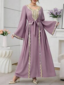 Mulvari Wine Red Long Sleeve Embroidered Collar Pleated Party Cocktail Dress - Purple - View 5