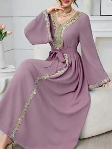 Mulvari Wine Red Long Sleeve Embroidered Collar Pleated Party Cocktail Dress - Purple - View 6