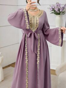 Mulvari Wine Red Long Sleeve Embroidered Collar Pleated Party Cocktail Dress - Purple - View 3
