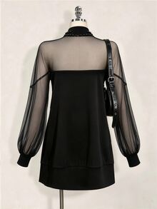 Linhara Plus Size Women's Autumn/Winter Fashion Casual Daily All-Match Versatile Mesh Patchwork Long Sleeve Dress - Black - View 5