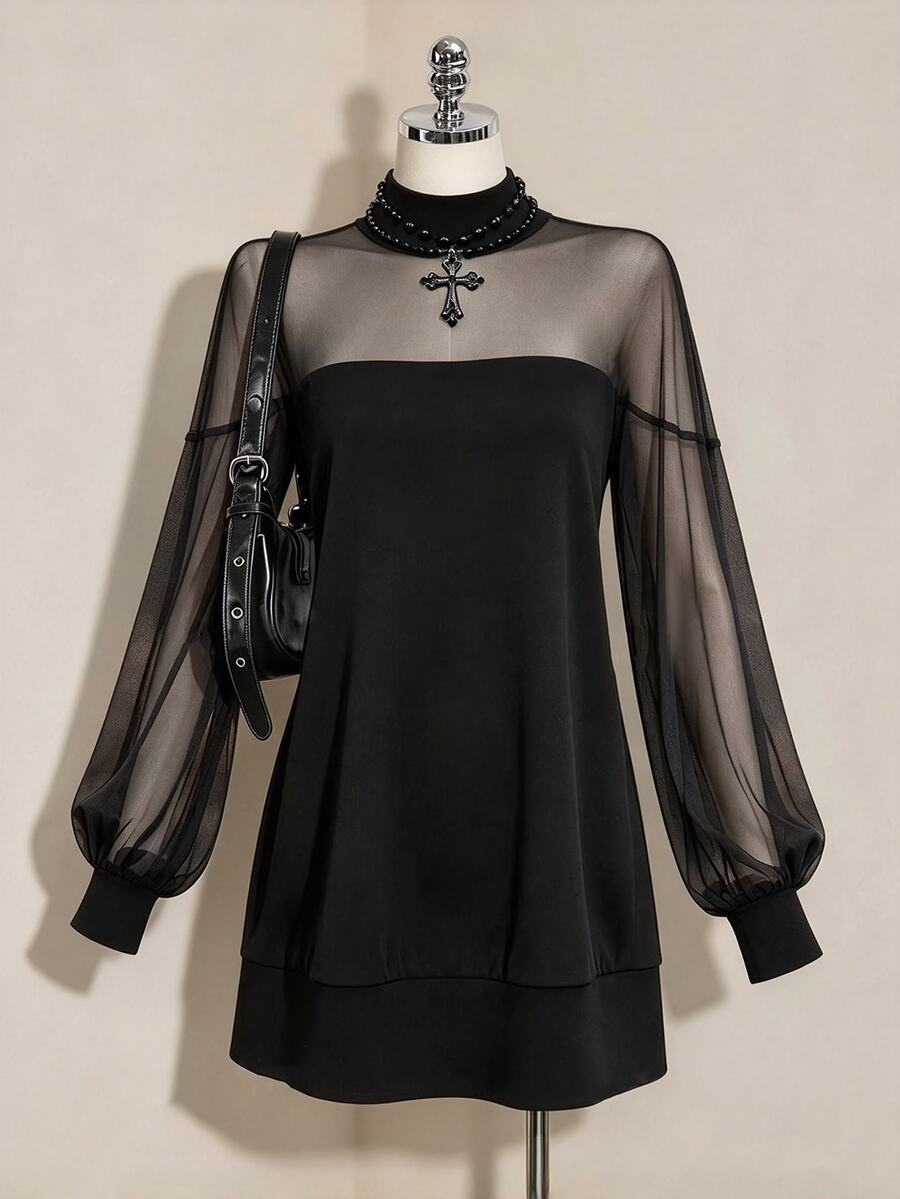 Linhara Plus Size Women's Autumn/Winter Fashion Casual Daily All-Match Versatile Mesh Patchwork Long Sleeve Dress - Black - View 1