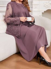 Modelyn Plus Size 2pcs Set Mesh Embroidered Solid Color Cardigan Top And Dress Fall - Purple - View 6