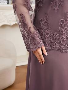 Modelyn Plus Size 2pcs Set Mesh Embroidered Solid Color Cardigan Top And Dress Fall - Purple - View 4