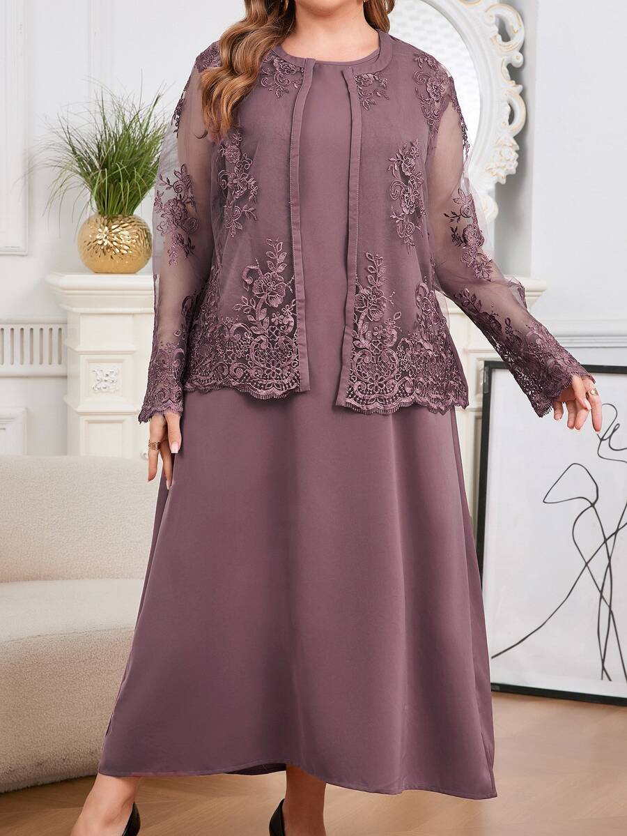 Modelyn Plus Size 2pcs Set Mesh Embroidered Solid Color Cardigan Top And Dress Fall - Purple - View 1