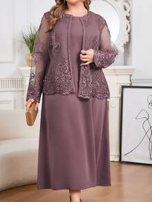 Modelyn Plus Size 2pcs Set Mesh Embroidered Solid Color Cardigan Top And Dress Fall - Purple - View 7