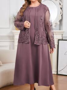 Modelyn Plus Size 2pcs Set Mesh Embroidered Solid Color Cardigan Top And Dress Fall - Purple - View 3