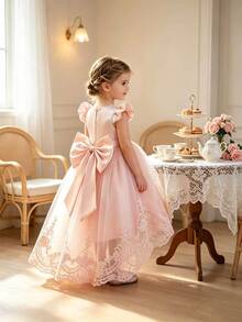 Glamorique Kids 女嬰蕾絲花卉網紗拖尾公主禮服 夏季婚禮花童生日軟粉色可愛優雅 - 粉色 - 查看 6