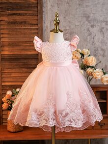 Glamorique Kids 女嬰蕾絲花卉網紗拖尾公主禮服 夏季婚禮花童生日軟粉色可愛優雅 - 粉色 - 查看 4