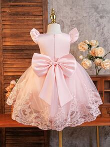 Glamorique Kids 女嬰蕾絲花卉網紗拖尾公主禮服 夏季婚禮花童生日軟粉色可愛優雅 - 粉色 - 查看 3
