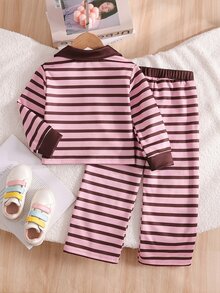 SHEIN 女童學院風 Polo 領兩件套，粉棕條紋對比翻領長袖上衣 + 高腰寬腿褲，馬術印花套裝 - 粉色 - 查看 3