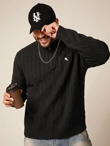 EASEVO Men's Plus Size Casual Long Sleeve Cable Knit Crew Neck Sweater - Black - View 3