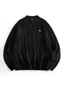 EASEVO Men's Plus Size Casual Long Sleeve Cable Knit Crew Neck Sweater - Black - View 4