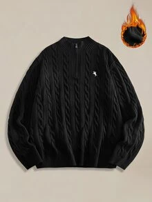 EASEVO Men's Plus Size Casual Long Sleeve Cable Knit Crew Neck Sweater - Black - View 2