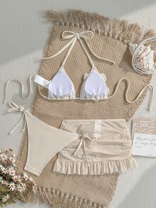SHEIN Swim Women 3 Pieces Set 3D Crochet Pearl Halter Triangle Bikini Mesh Ruffle Skirt Swimsuit - Multicolor - View 2