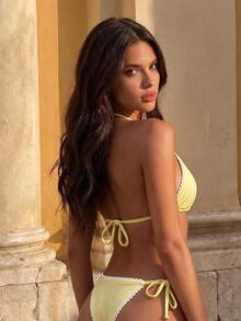 Elavelle Women's Solid Color Halter Neck Ruffle Bikini Set, Spring/Summer Beach Party Butter Yellow Tropical Sexy - Yellow - View 3