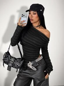 SHEIN ICON Y2K 頹廢風不對稱領口荷葉邊修身T恤 夜店外訪黑白配色秋季款 - 黑色 - 查看 5